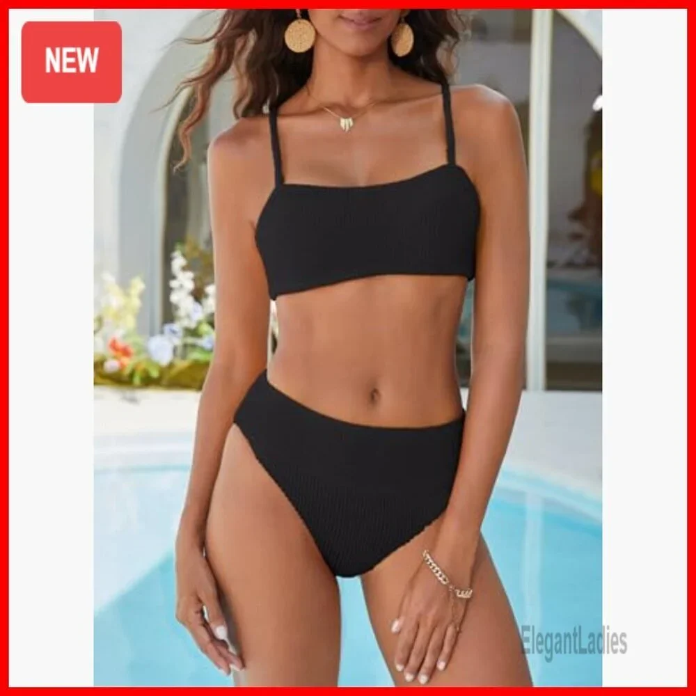 High Waisted Bikini Set Tummy Control Ribbed Texture Adjustable Straps